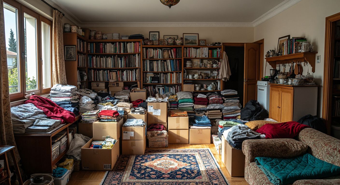 A busy Turkish living room filled with sturdy cardboard boxes of various sizes, neatly packed with books, clothes, and kitchenware, while a large quilt peeks out from a mega-sized box nearby.