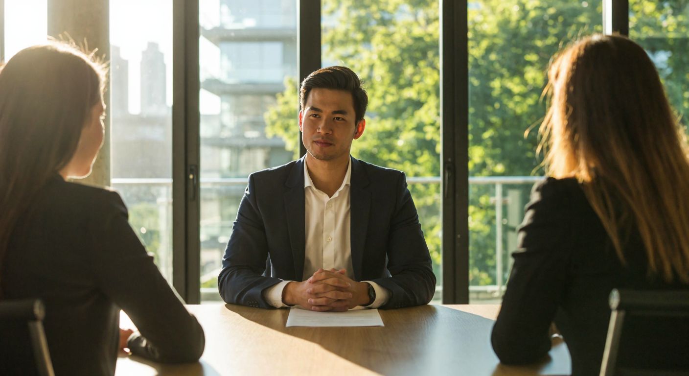 A young professional in a crisp white shirt and dark blazer sits confidently across from two interviewers at a sleek wooden table in a modern office, sunlight streaming through large windows as they engage in a focused conversation.