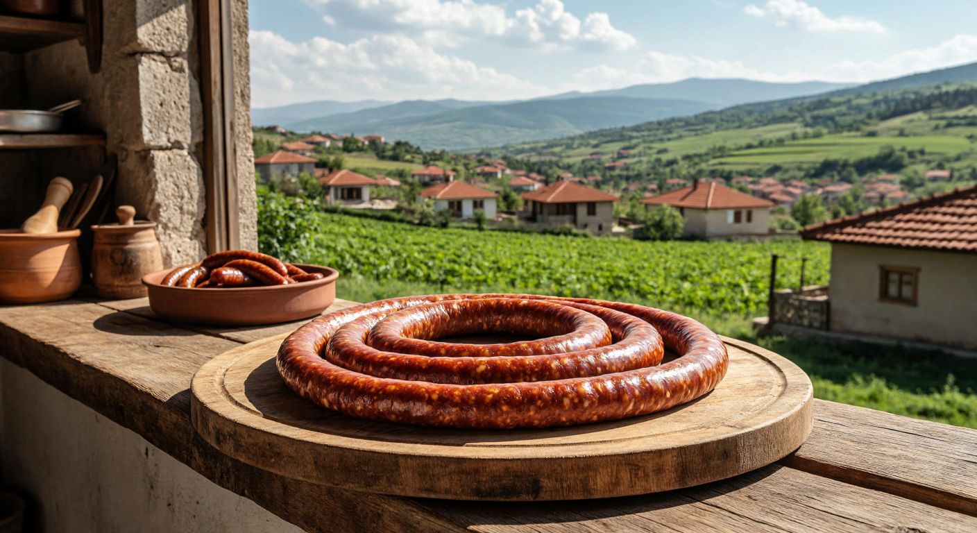 A rustic wooden table in a sunlit Turkish kitchen holds a coiled, glistening **sucuk** from Afyonkarahisar, with a backdrop of rolling green hills and traditional red-roofed houses.