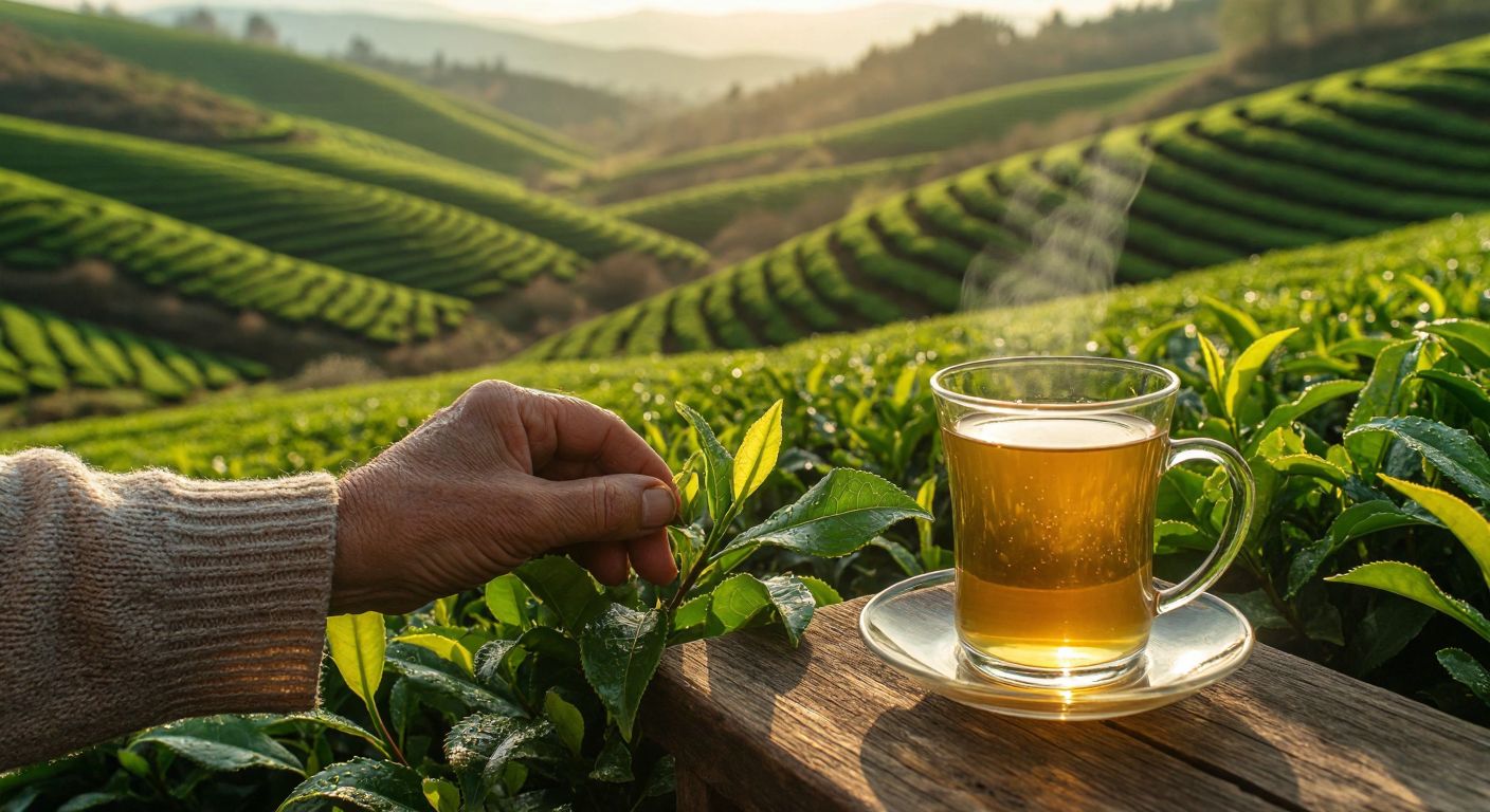 A sunlit Turkish tea plantation in spring, with vibrant green tea leaves glistening with dew, a weathered hand gently plucking fresh young leaves, and a steaming glass of golden-hued first-harvest tea resting on a rustic wooden table nearby.