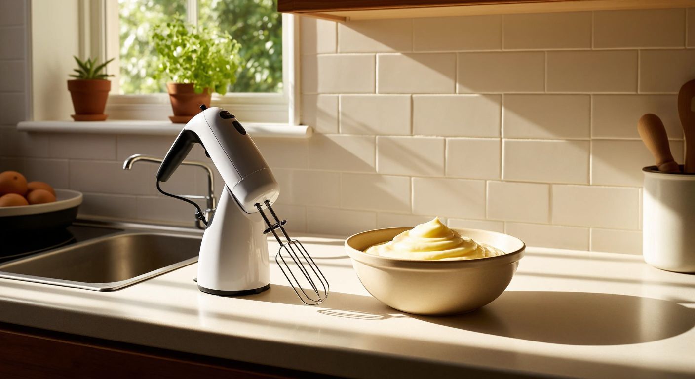 A Turkish kitchen counter with a sleek hand mixer resting beside a bowl of creamy batter, sunlight streaming through a window onto a tiled backsplash.