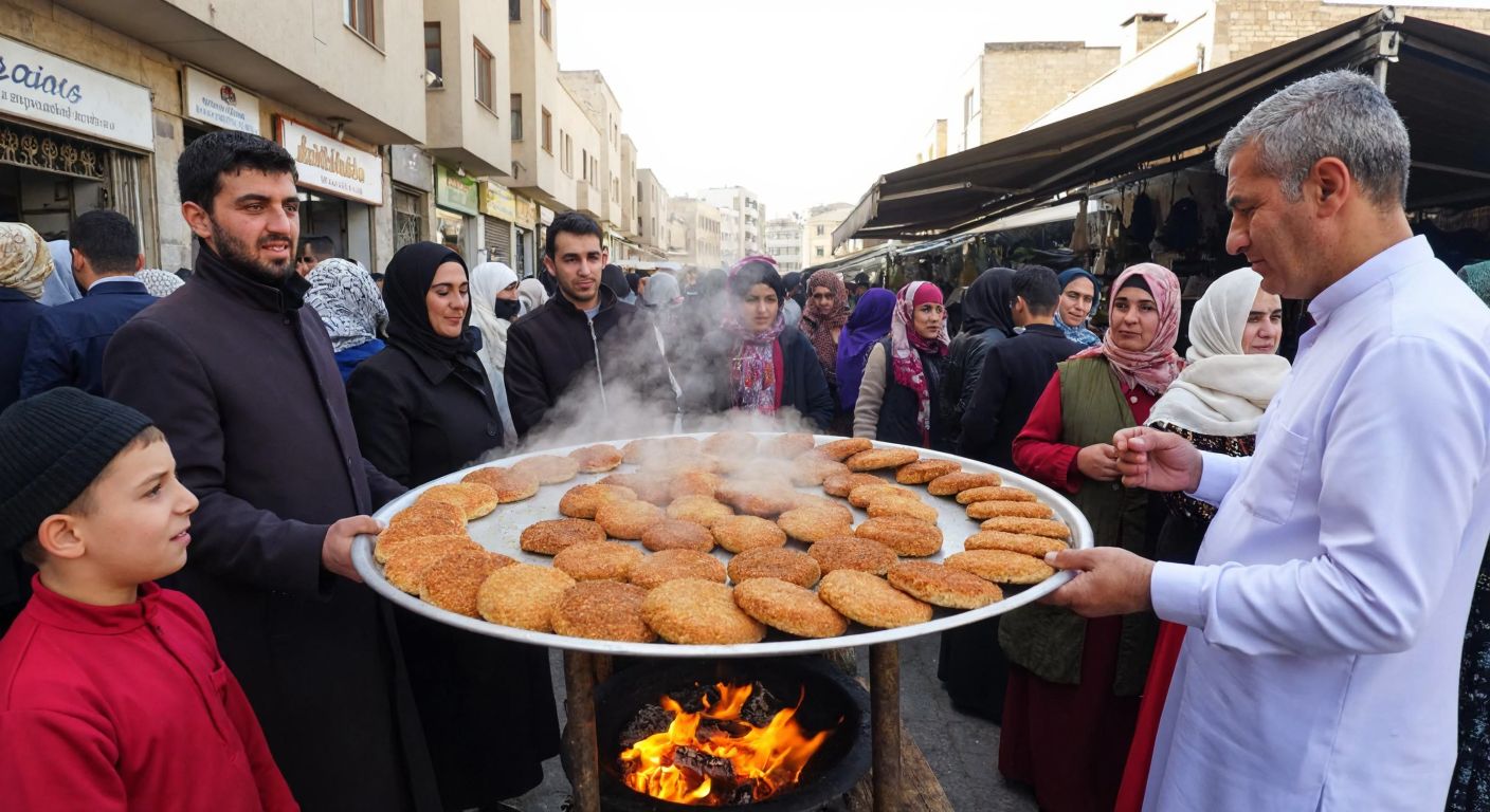 A bustling Şanlıurfa street market with a steaming tray of golden Aligör külünçesi, surrounded by eager locals in traditional attire, their faces lit with anticipation.