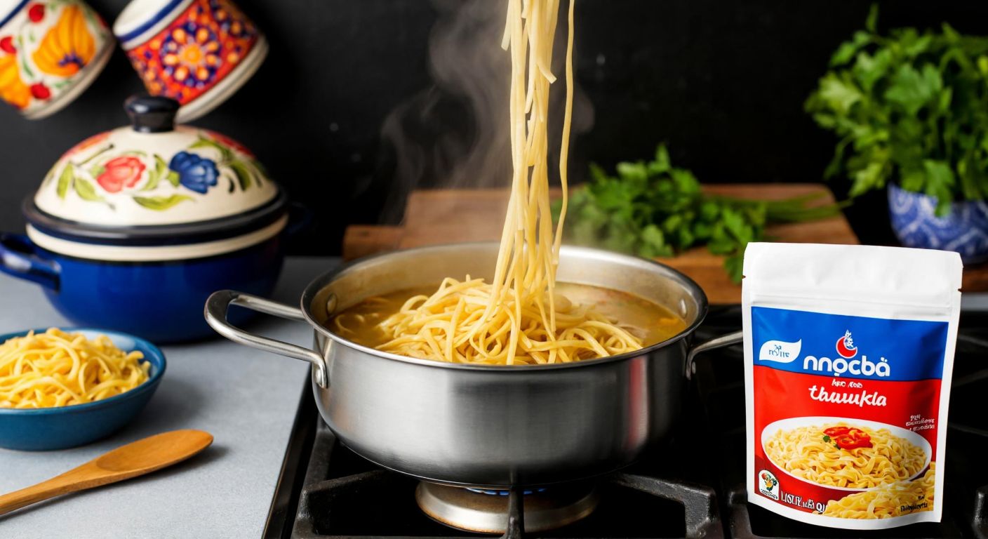 A steaming pot of golden homemade noodles boiling quickly on a stove, while a packet of dry instant noodles sits untouched beside it, with a Turkish kitchen backdrop featuring colorful ceramic bowls and fresh herbs.