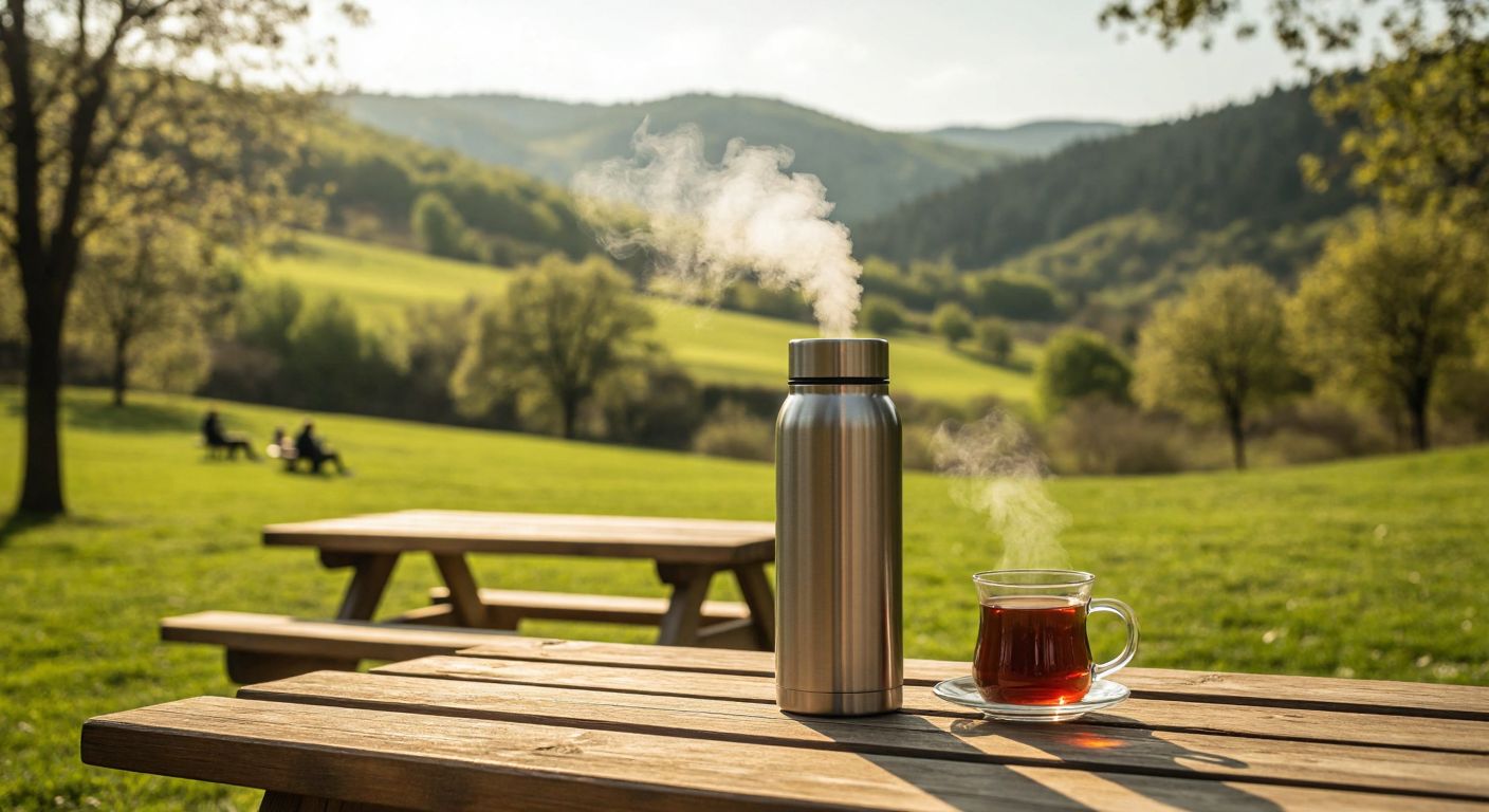 A sleek stainless steel thermos sits on a wooden picnic table in a sunny Turkish park, steam rising from its open lid, with a steaming cup of çay beside it and distant rolling green hills in the background.