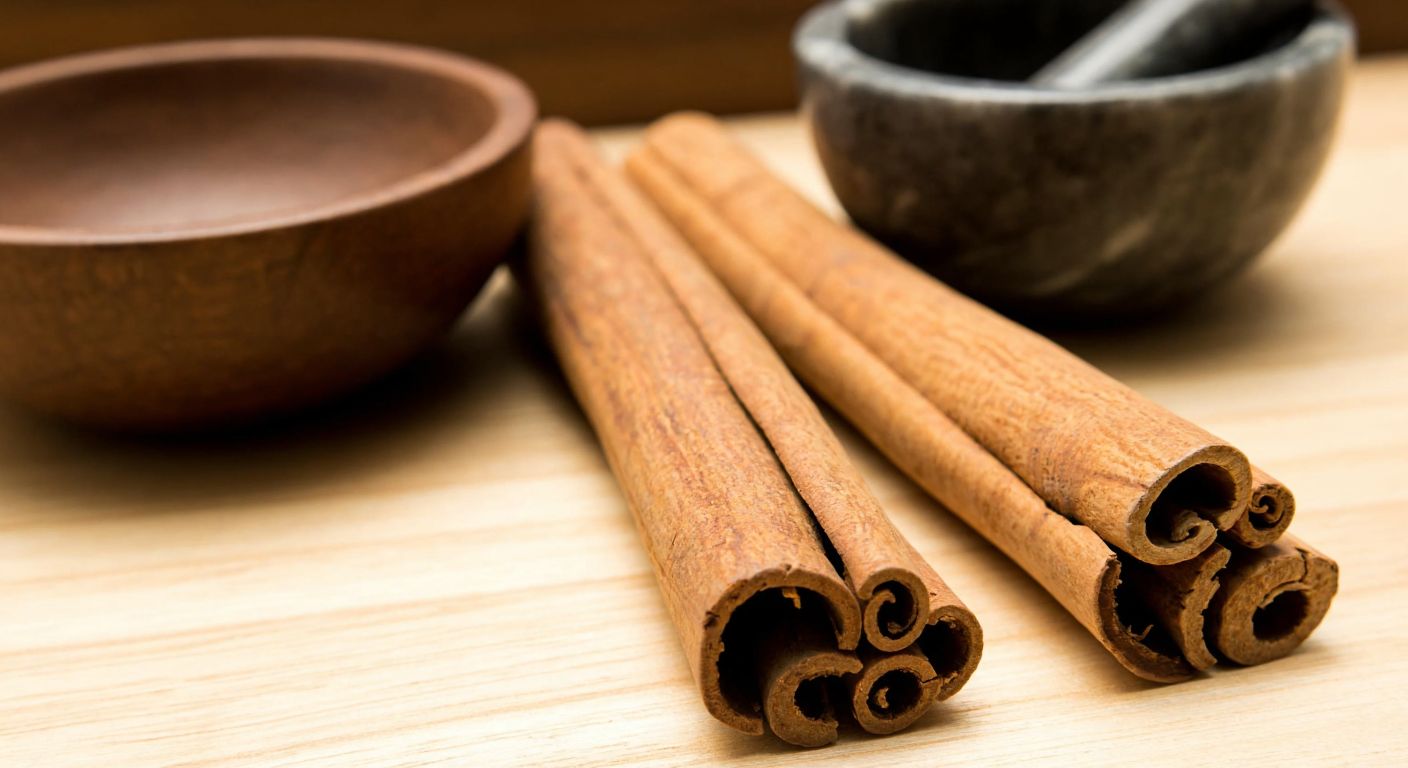 Two cinnamon sticks side by side—one thick and dark (Vietnam) and one thin, delicate, and light brown (Ceylon)—resting on a wooden table with a mortar and pestle nearby, evoking a warm, aromatic kitchen setting.