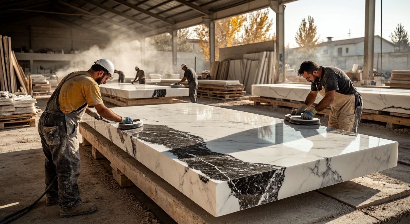 A bustling marble workshop in Turkey, with workers in dusty overalls carefully polishing large slabs of gleaming white and black Markataş marble under warm sunlight.