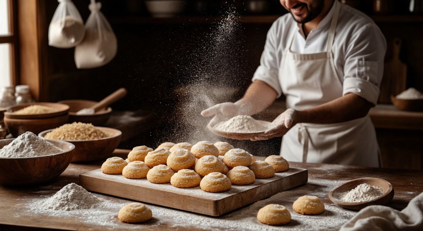 A warm Turkish kitchen with golden çıngıraklı kurabiye cookies cooling on a wooden tray, surrounded by scattered wheat starch and flour sacks, while a smiling baker dusts their hands with flour.