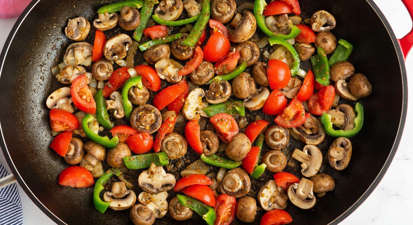 A sizzling pan of chopped mushrooms, tomatoes, and red and green peppers sautéed in olive oil, sprinkled with spices, evoking the rich aroma of Turkish mushroom kokoreç.