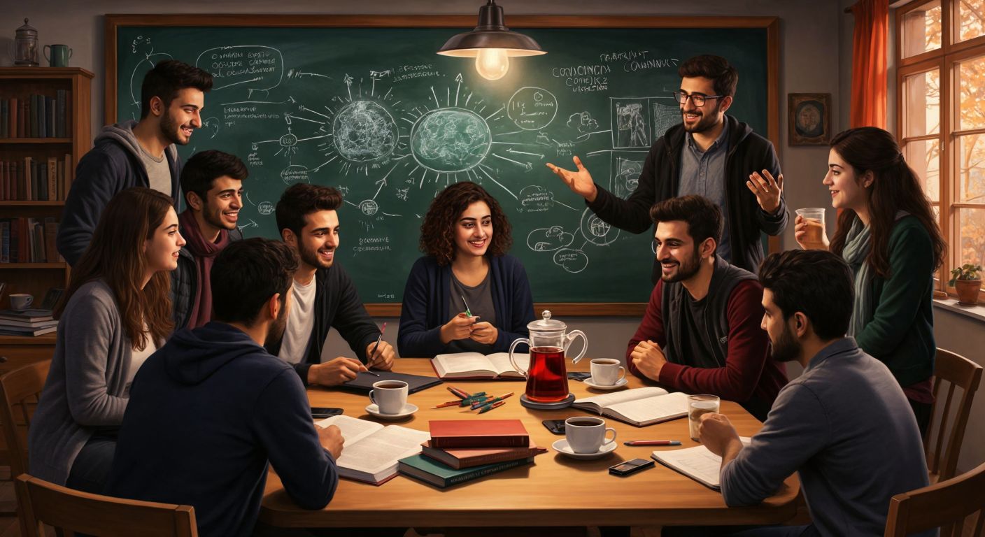 A diverse group of Turkish students engaged in lively discussion around a table covered with sociology textbooks, notebooks, and a steaming cup of çay, with a professor gesturing toward a chalkboard filled with interconnected social concepts.