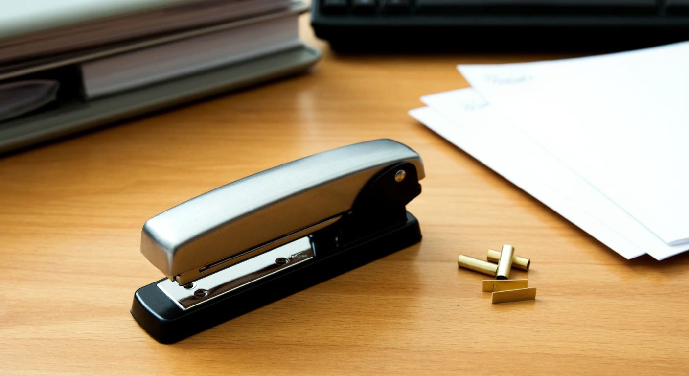 A small, handheld stapler with a sleek metal body rests on a wooden desk next to a neat stack of papers, with a few staples scattered nearby.