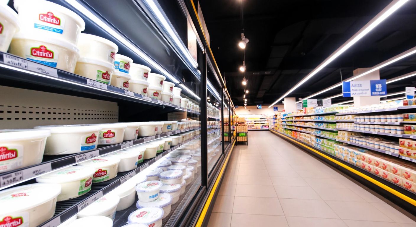 A well-lit supermarket aisle in Turkey with neatly stacked packages of Trakya Çiftliği and Giovanni Colombo mascarpone cheeses on a refrigerated shelf, surrounded by other dairy products.