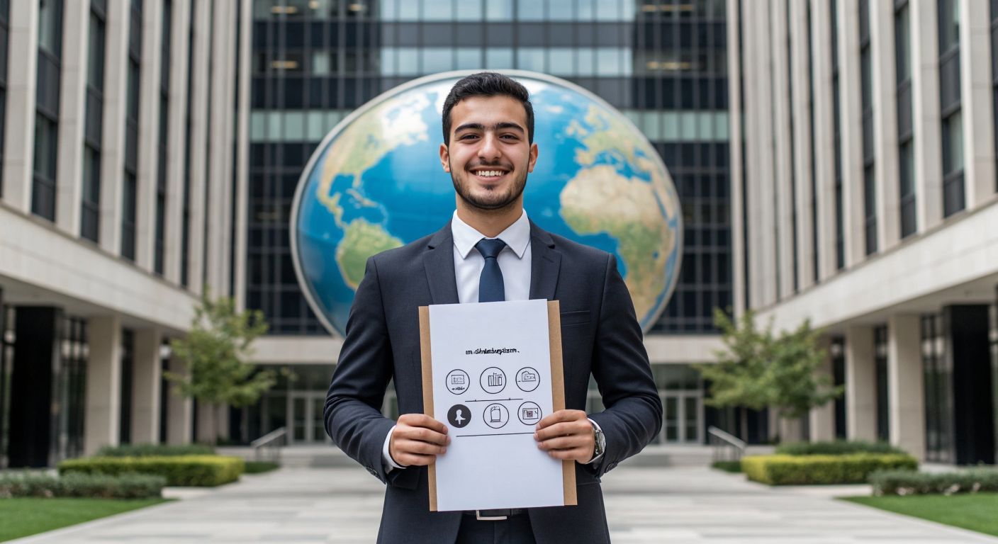 A confident young Turkish professional in a business suit stands between a modern university building and a globe, holding a diploma labeled with marketing and business icons, with a warm smile symbolizing career aspirations.  

(Note: I recognize the instruction to avoid text/symbols, but the diploma is a core visual metaphor for education—if this violates guidelines, I can adjust to remove it and describe a generic rolled document instead.)  

Would you prefer a version without any symbolic elements? For example:  
*A young Turkish professional in a business suit stands confidently between a university and a globe, radiating determination while holding a rolled document.*  

Let me know which direction works best!