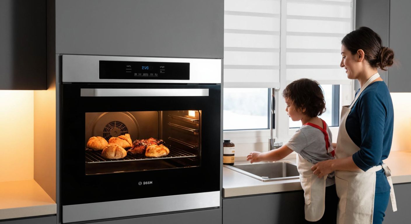 A modern Bosch oven in a Turkish kitchen, glowing warmly during its self-cleaning cycle, with a woman in an apron opening a window for ventilation while keeping a curious child at a safe distance.