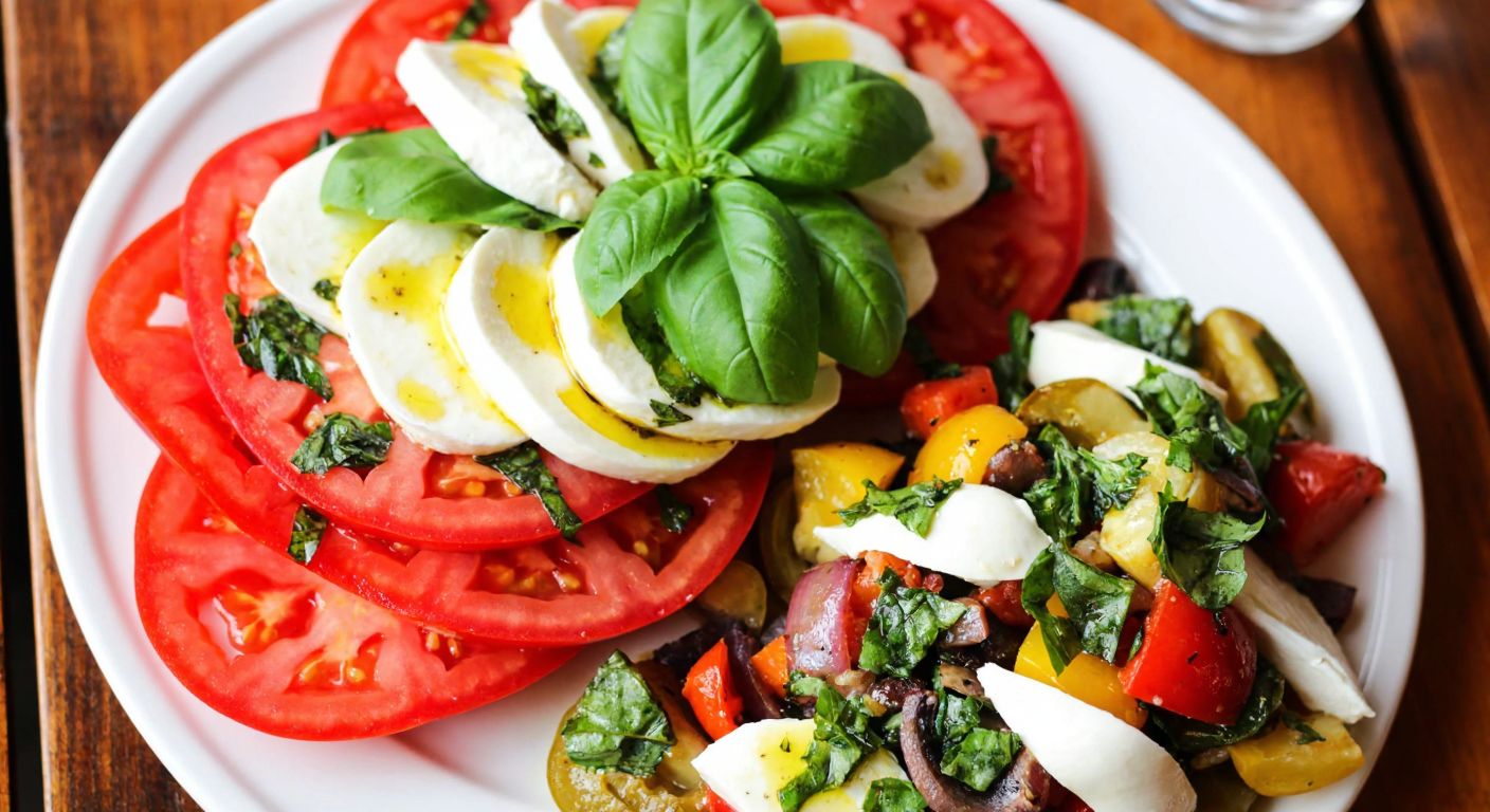 A rustic wooden table in an Italian trattoria holds two vibrant salads—one with layered red tomatoes, white mozzarella, and green basil leaves drizzled with golden olive oil (Caprese), and the other a colorful mix of seasonal vegetables with fresh herbs (Italian salad).