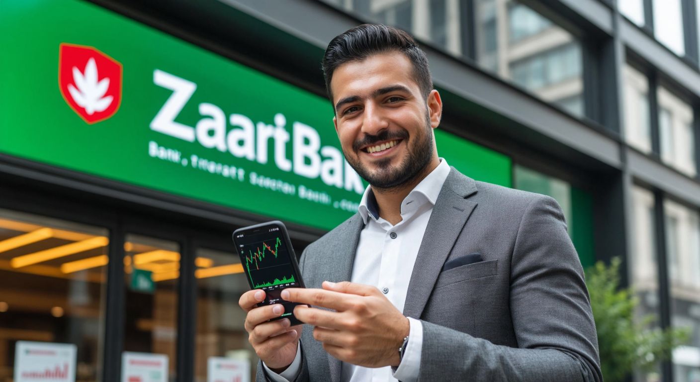 A confident Turkish businessman in a crisp suit nods approvingly while holding a smartphone displaying a stock market graph, standing in front of a Ziraat Bank branch with the iconic green logo.