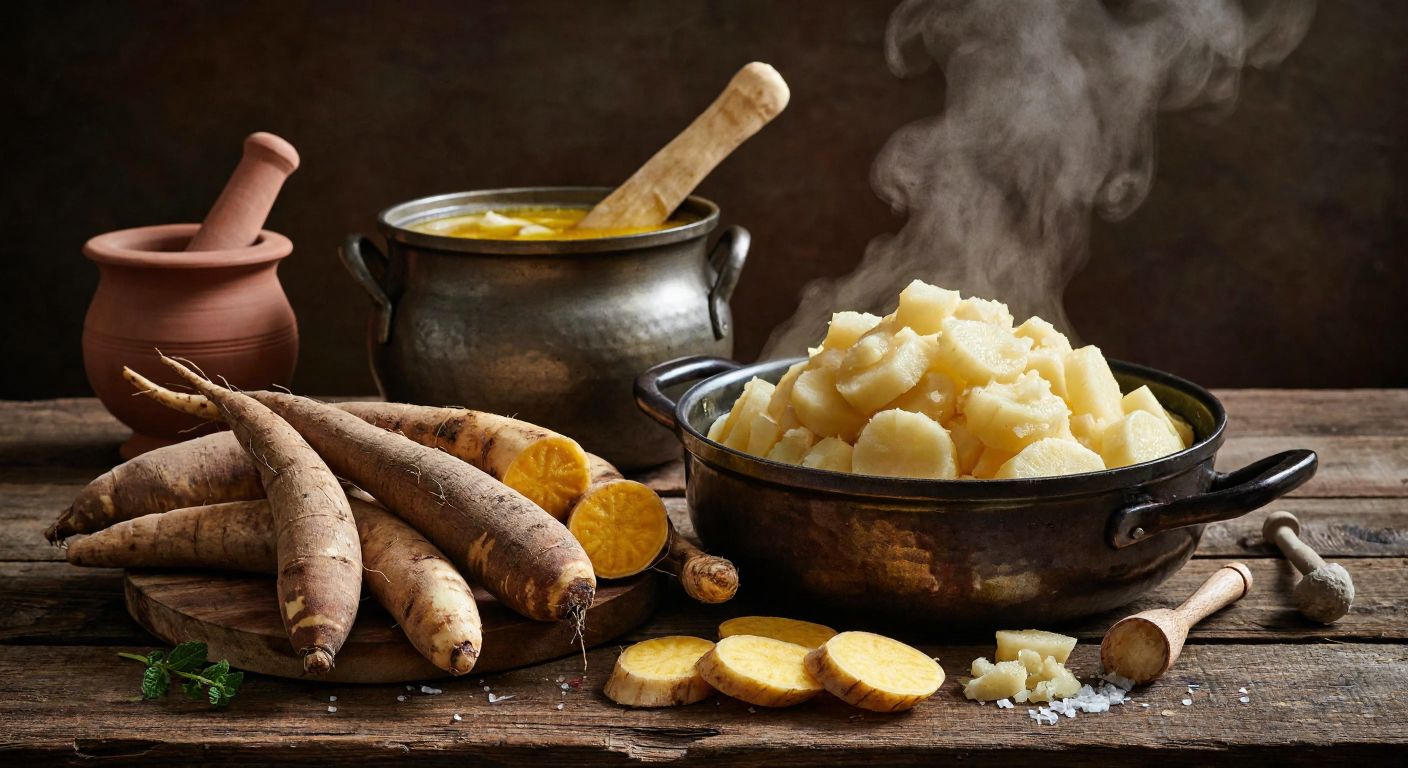 A rustic wooden table holds peeled yuca roots, a steaming pot of boiled yuca, and golden-brown fried yuca slices, with a mortar and pestle nearby for mashing, all under warm kitchen lighting.