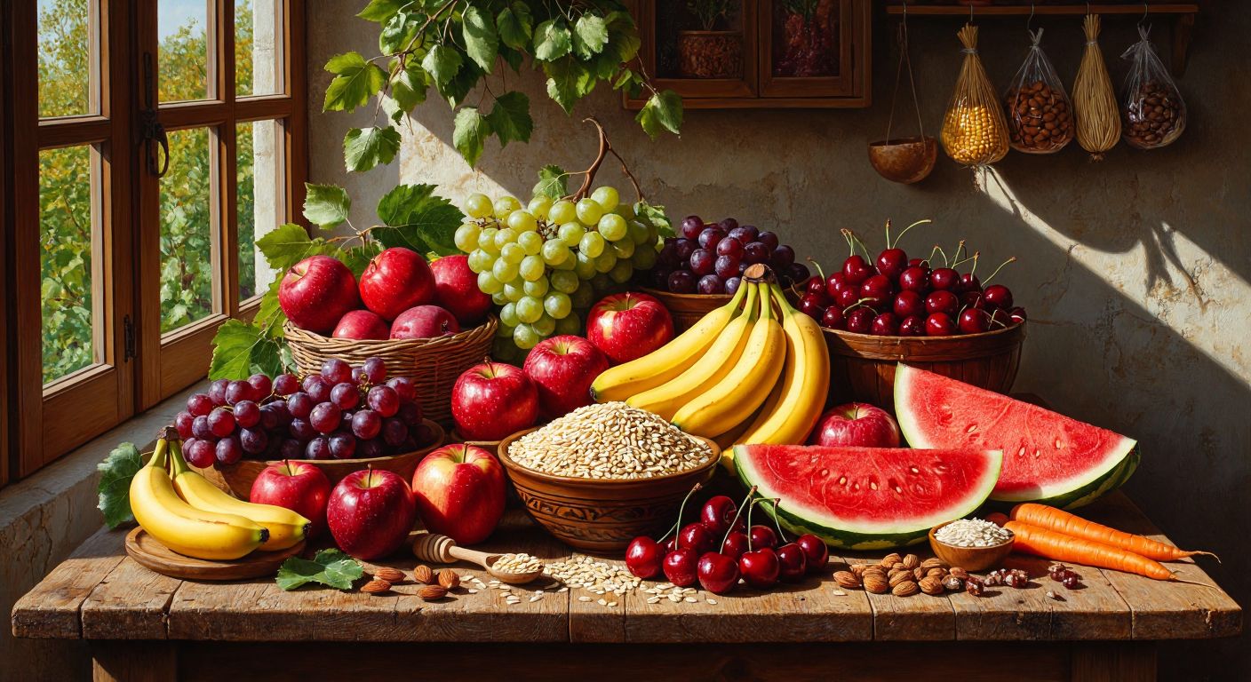 A vibrant wooden table in a Turkish kitchen displays fresh apples, grapes, bananas, cherries, watermelon, rice, wheat, corn, oats, honey, carrots, potatoes, beets, and assorted nuts, all bathed in warm sunlight.