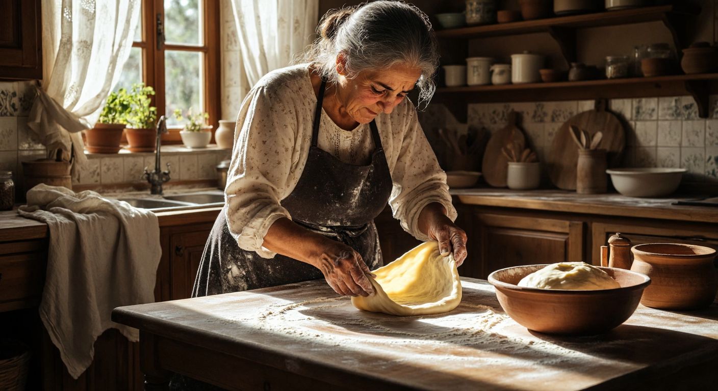 A Turkish grandmother in a sunlit kitchen carefully stretches a thin sheet of dough over a flour-dusted wooden table, her hands gently smoothing out small tears while a bowl of rested dough sits nearby under a damp cloth.