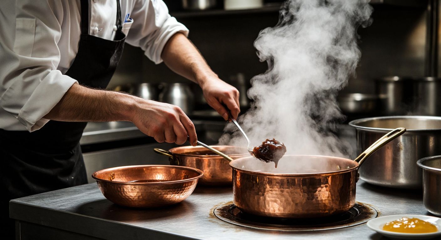 A chef in a bustling Turkish kitchen carefully stirs a rich, dark demi-glace sauce in a copper pot while a separate bowl of concentrated, gelatinous glace sits nearby, both emitting aromatic steam.