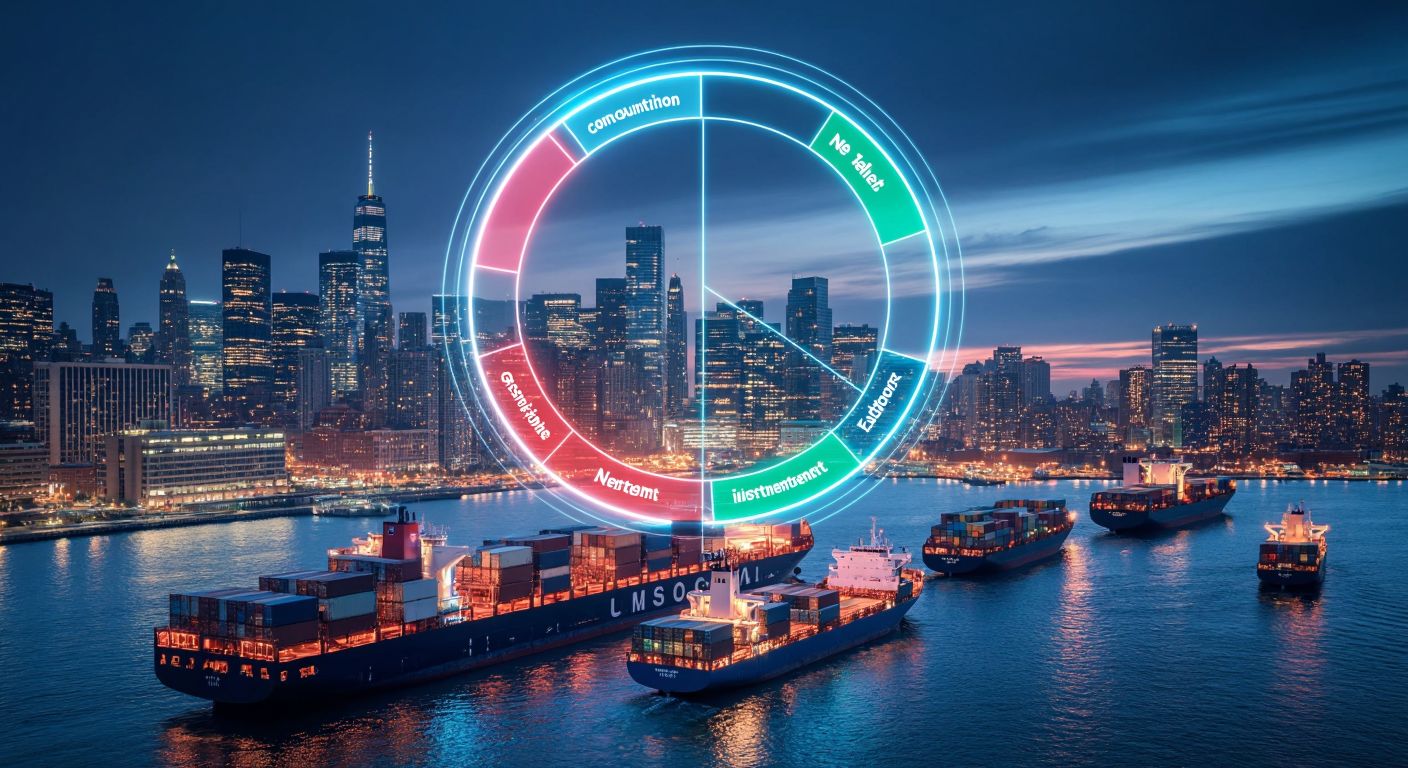 A bustling American city skyline with a glowing pie chart hovering above, divided into four vibrant sections labeled "Consumption," "Investment," "Government," and "Net Exports," while cargo ships and trucks move goods in the foreground.  

*(Note: The "labels" here are purely for conceptual clarity in the description—the actual image would avoid text or symbols.)*