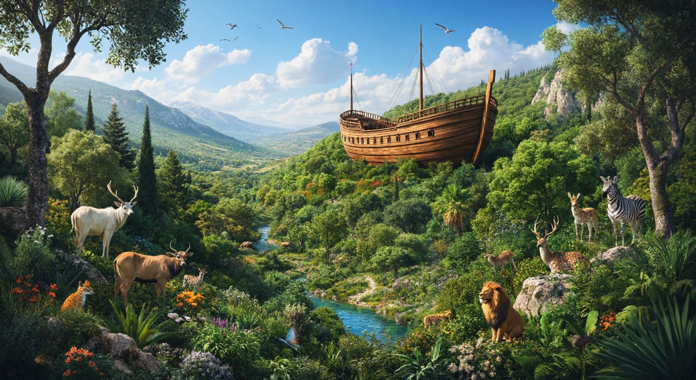 A lush Turkish landscape with diverse flora and fauna, centered around a symbolic wooden ark representing the biodiversity database, under a bright blue sky.