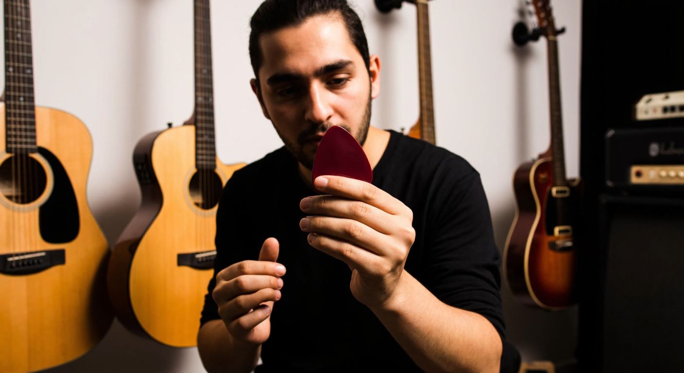 A guitarist in a dimly lit music studio in Turkey, holding a dark red Jazz III pick between their fingers, testing its flexibility with a focused expression, surrounded by acoustic and electric guitars leaning against wooden stands.