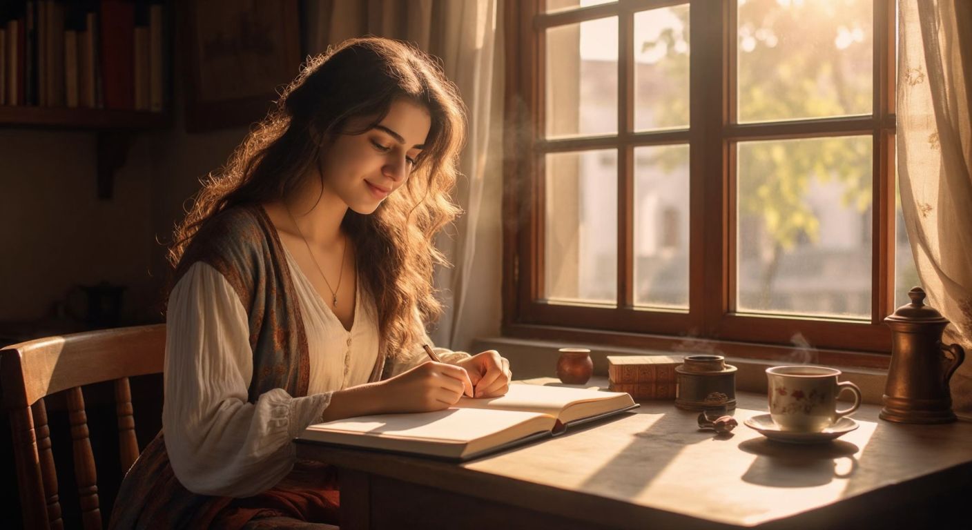 A young Turkish woman sitting at a wooden desk by a sunlit window, smiling softly as she writes in a leather-bound journal with a steaming cup of çay beside her.