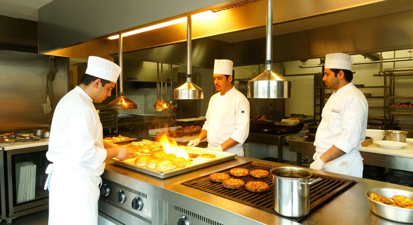 A bustling Turkish industrial kitchen with gleaming stainless steel Atalay ovens, chefs in white uniforms preparing döner and Turkish coffee, surrounded by the warm glow of baking bread and sizzling grills.