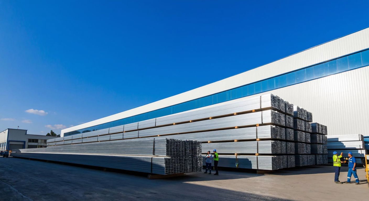 A modern industrial factory in İzmit with large galvanized steel beams stacked outside, workers in protective gear inspecting the shiny metal surfaces under a bright blue sky.