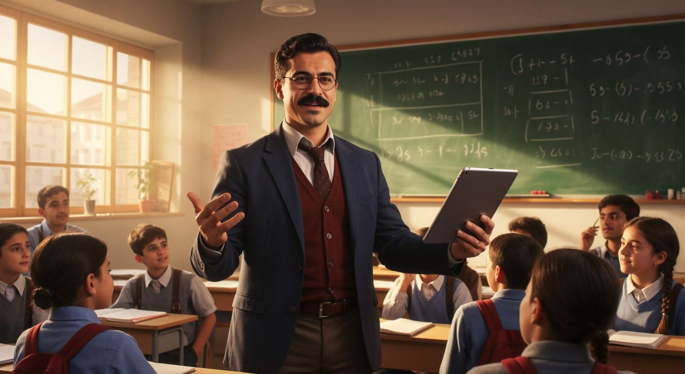 A confident Turkish man with a mustache stands in front of a chalkboard covered in math equations, gesturing warmly toward a digital tablet displaying a YouTube playlist, while eager students watch attentively in a sunlit classroom.