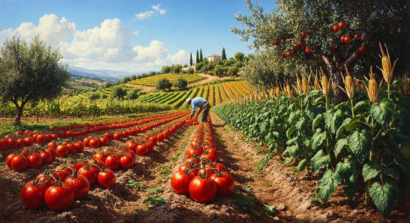 A vibrant Turkish farm scene with rows of ripe tomatoes, cucumbers, olive trees, grapevines, and cornstalks under a sunny sky, with a farmer tending to the crops.