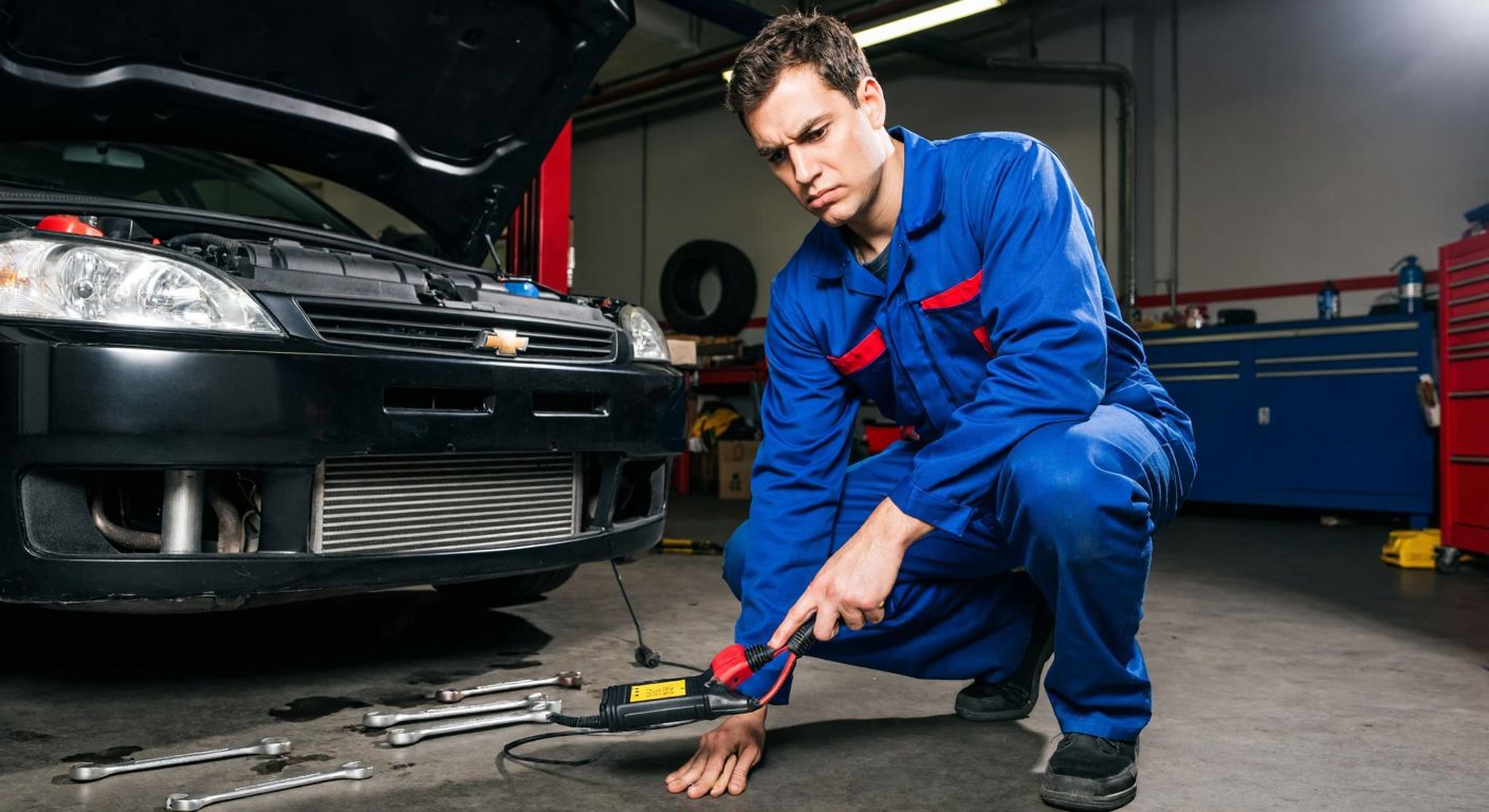 A mechanic in a blue jumpsuit frowns while inspecting a car engine under the hood, with a diagnostic tool plugged into the vehicle's port, surrounded by scattered wrenches and a dimly lit garage.