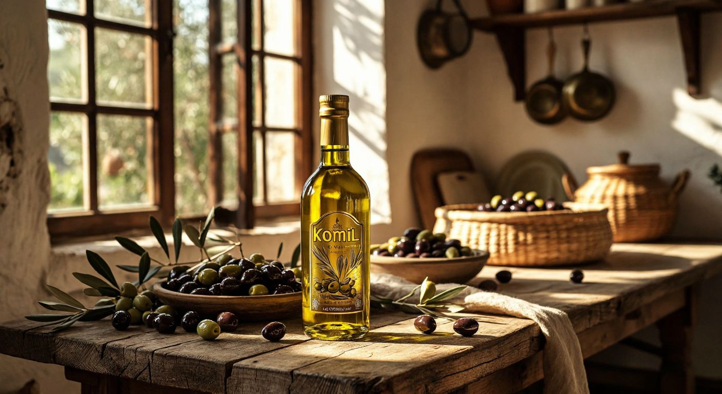 A golden bottle of Komili olive oil resting on a rustic wooden table in a sunlit Turkish kitchen, with fresh olives and a traditional woven basket in the background.