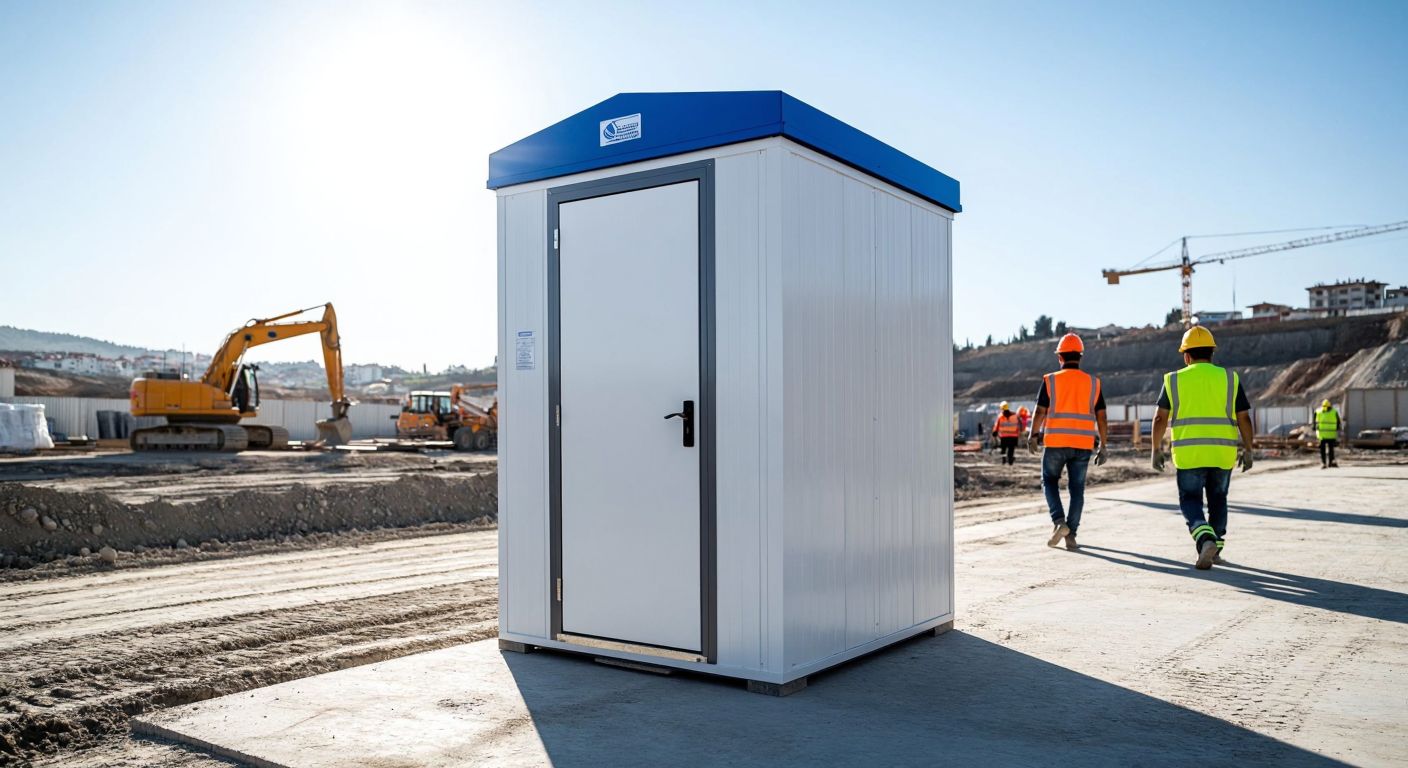 A sturdy, portable toilet cabin with a clean white exterior and a blue roof, placed on a flat surface near a construction site in Turkey, with workers in high-visibility vests walking nearby under a bright sun.