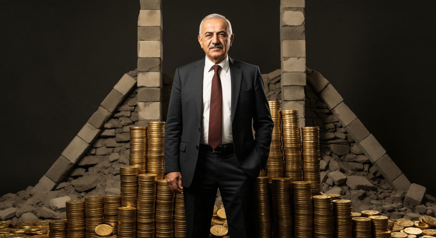 A dignified older Turkish man in a suit (representing Kazım Taşkent) stands proudly between a half-built stone structure and a stack of golden coins, symbolizing construction and credit.