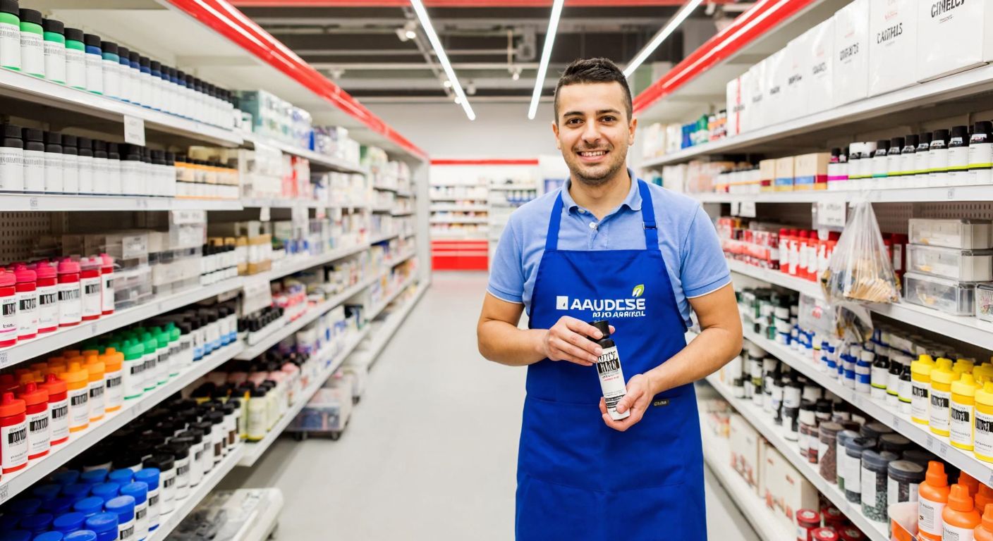 A well-lit Bauhaus store aisle in Turkey, with neatly stacked tubes of acrylic paint in vibrant colors, a smiling employee in a blue apron holding a Cadence brand tube, and shelves filled with art supplies.