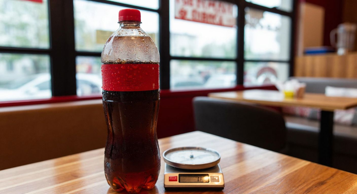A large, frosty plastic bottle of cola sits on a wooden table in a Turkish café, condensation dripping down its sides, with a small kitchen scale beside it showing a weight just under 3 kilograms.