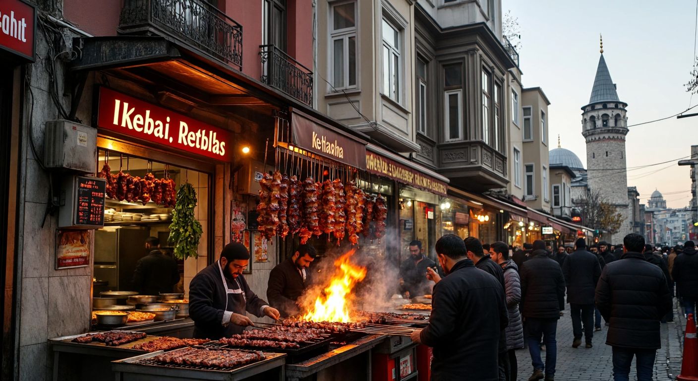 A bustling Istanbul street scene with two distinct kebab restaurants—one in Fatih with a historic backdrop and the other in Ümraniye amid a lively neighborhood—where chefs grill skewered meat over glowing charcoal as customers eagerly wait.