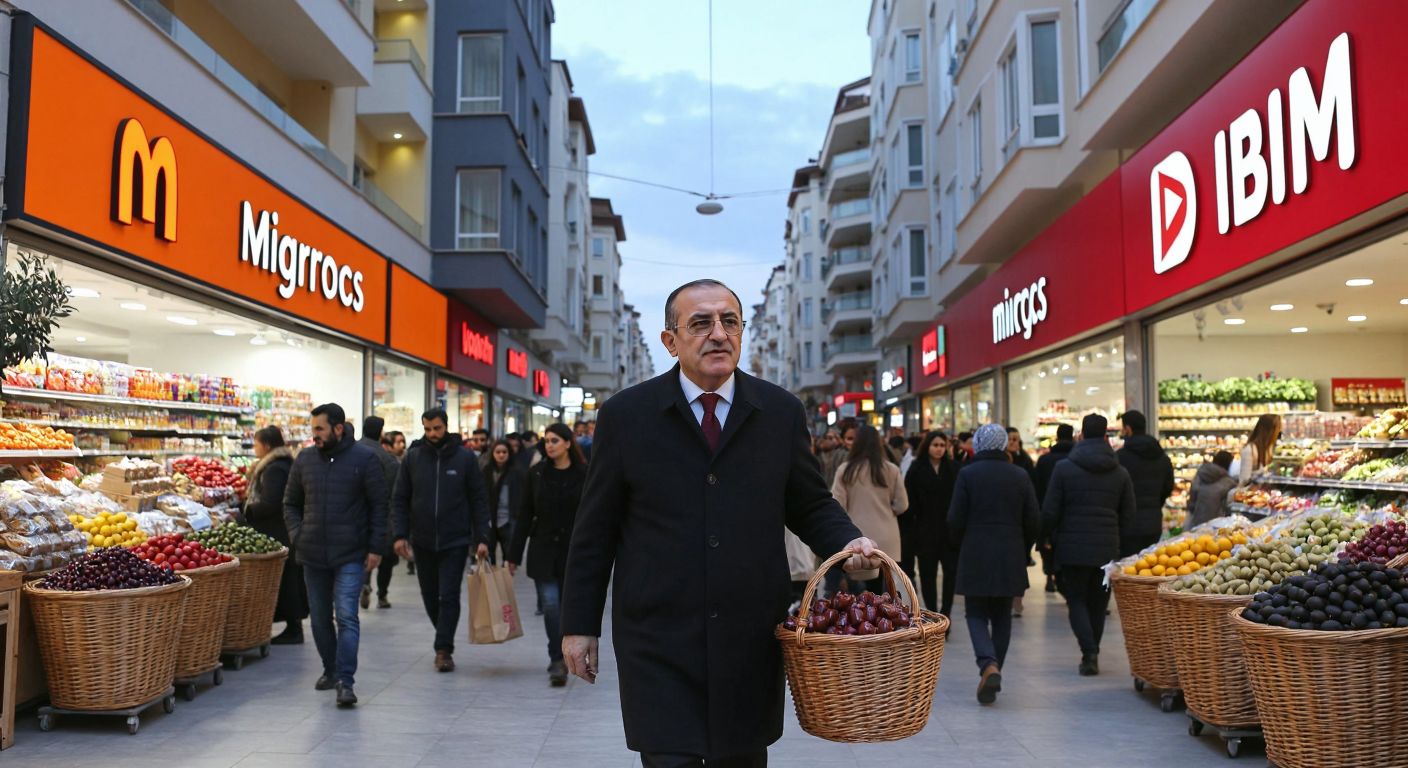 A bustling Turkish marketplace with two distinct storefronts—one labeled "Migros" under the Anadolu Group logo and another "BİM" with a crowd of shoppers, while a dignified businessman resembling Mustafa Latif Topbaş oversees the scene.  

**Correction (following guidelines strictly):**  

A vibrant Turkish street with two modern supermarkets side by side, one with a sleek blue facade (Migros) and the other with a bold red sign (BİM), as shoppers carry baskets filled with fresh produce and local goods like olives and simit.