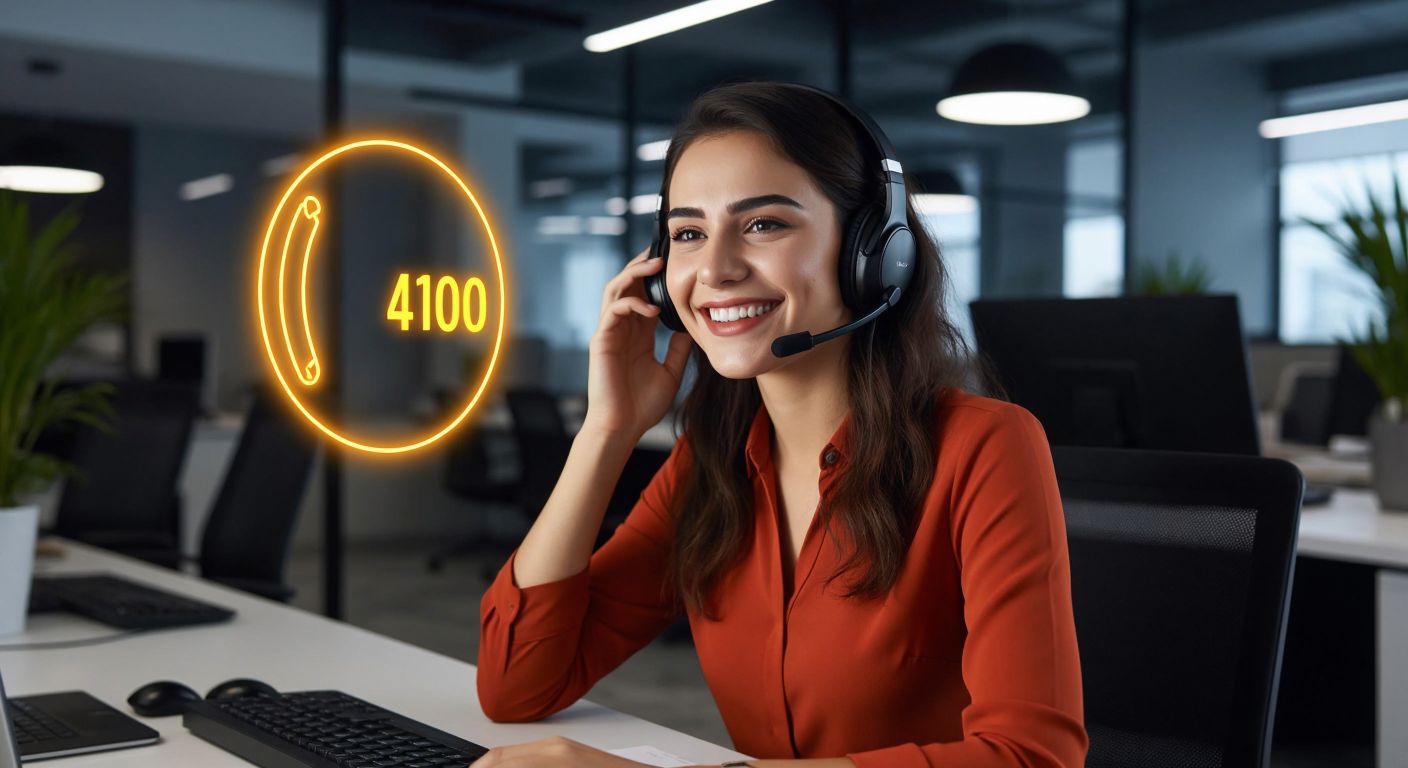 A Turkish customer service representative in a modern office, wearing a headset and smiling warmly, while a glowing phone with the number 444 11 00 hovers nearby.