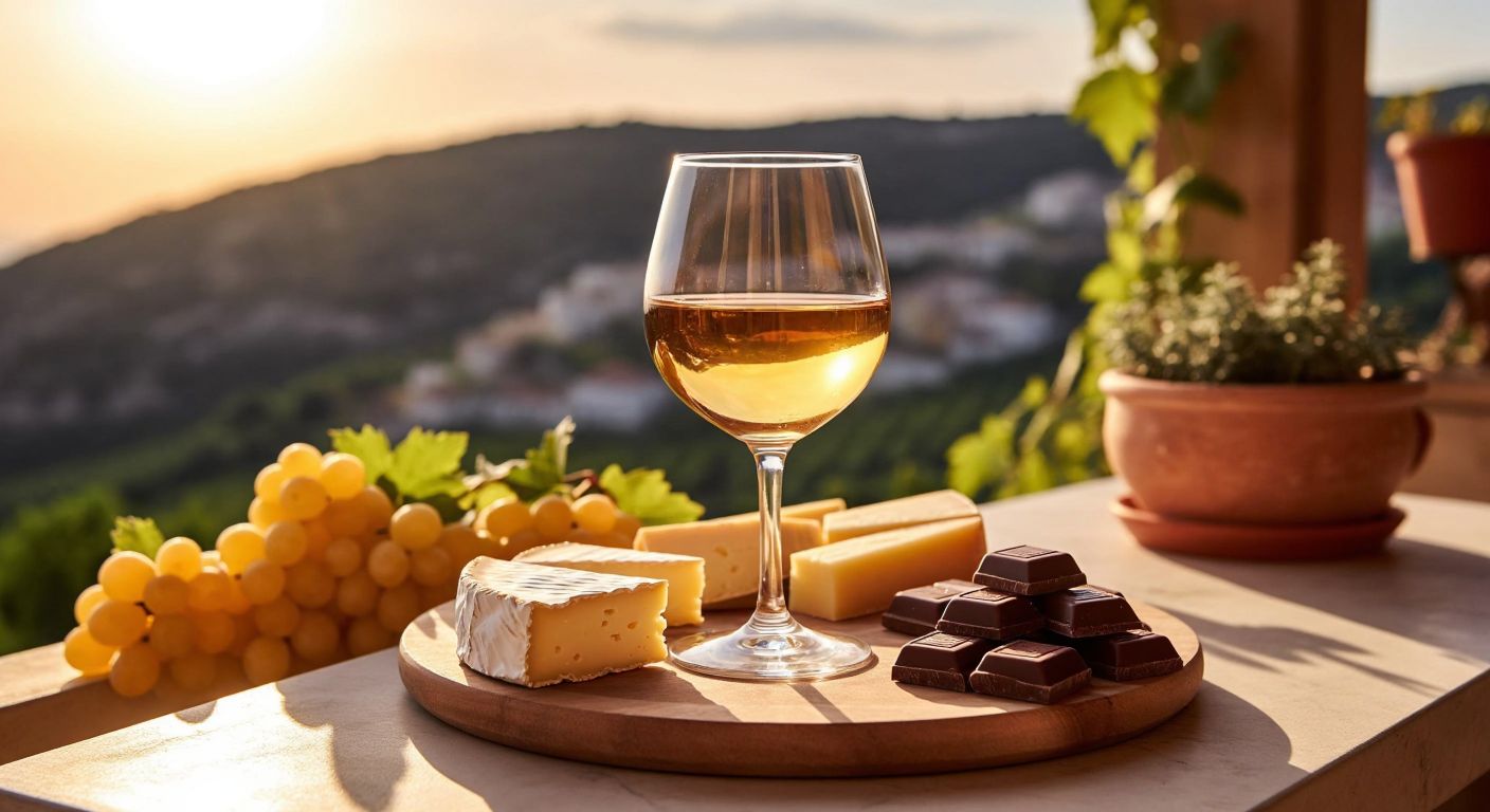 A sunlit Turkish terrace with a glass of golden melon wine in a wide-brimmed red wine glass, accompanied by a platter of aged cheese and dark chocolate, evoking warmth and refined enjoyment.