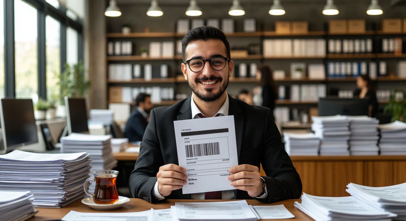 A Turkish accountant in a bustling office smiles while holding up a printed invoice with a distinct barcode-free number, surrounded by neatly stacked paperwork and a steaming cup of Turkish tea.
