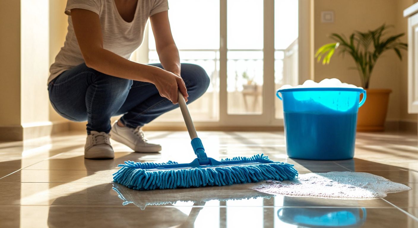 A person in a Turkish home kneels on a tiled floor, confidently attaching a blue microfiber mop head to a mandallı mop handle, with a bucket of soapy water nearby and sunlight streaming through the window.