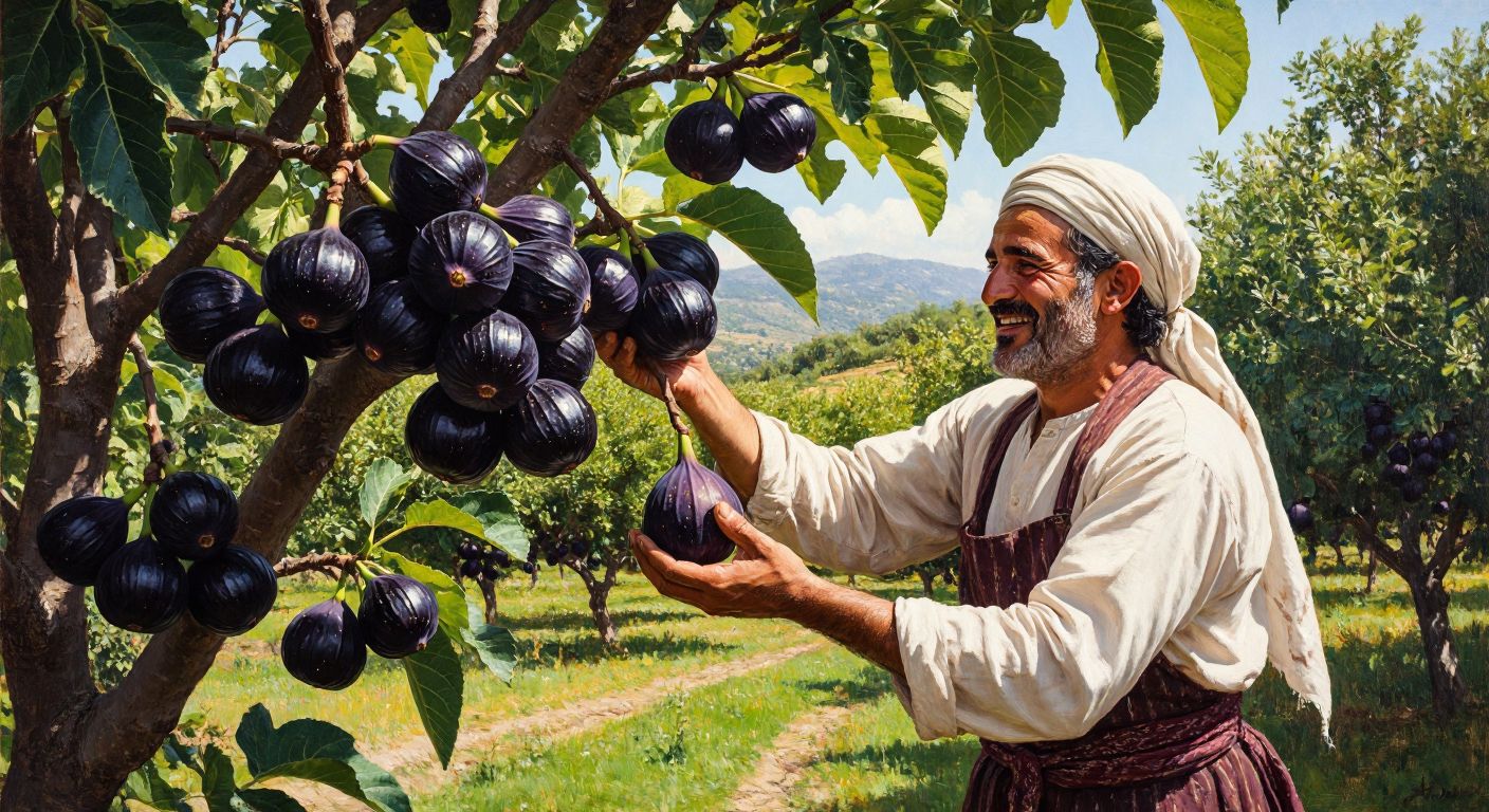 A lush Bursa fig tree with glossy black fruits, set against a sunlit Turkish orchard, while a smiling farmer in traditional attire carefully picks a plump fig, its sweet juice glistening in the light.
