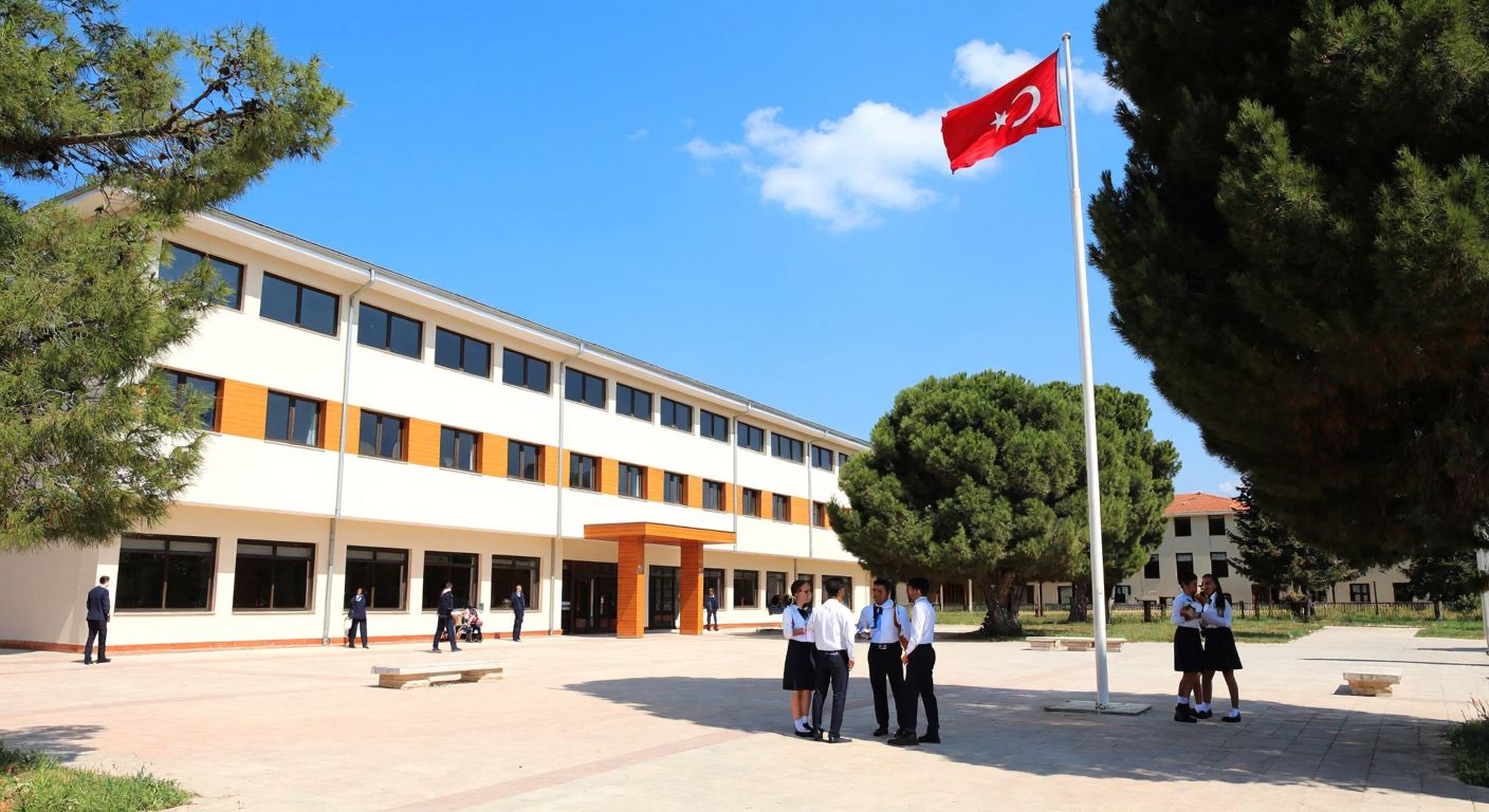 A modern Turkish high school building with students in uniforms chatting in the courtyard, surrounded by trees and a flagpole with the Turkish flag, under a bright blue sky.