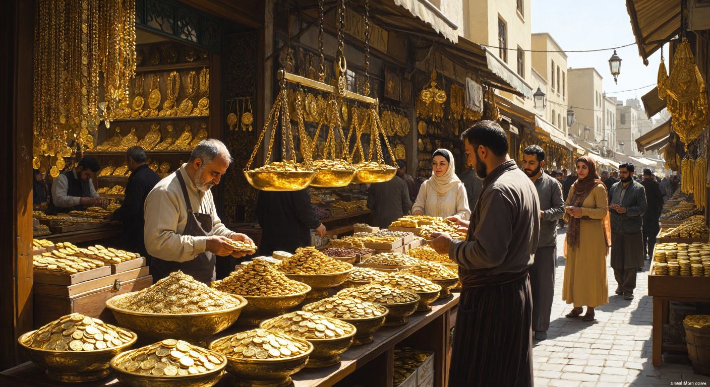 A bustling Şanlıurfa gold bazaar with merchants weighing gleaming gold jewelry on ornate scales, customers haggling passionately, and sunlight reflecting off stacks of gold coins in glass cases.