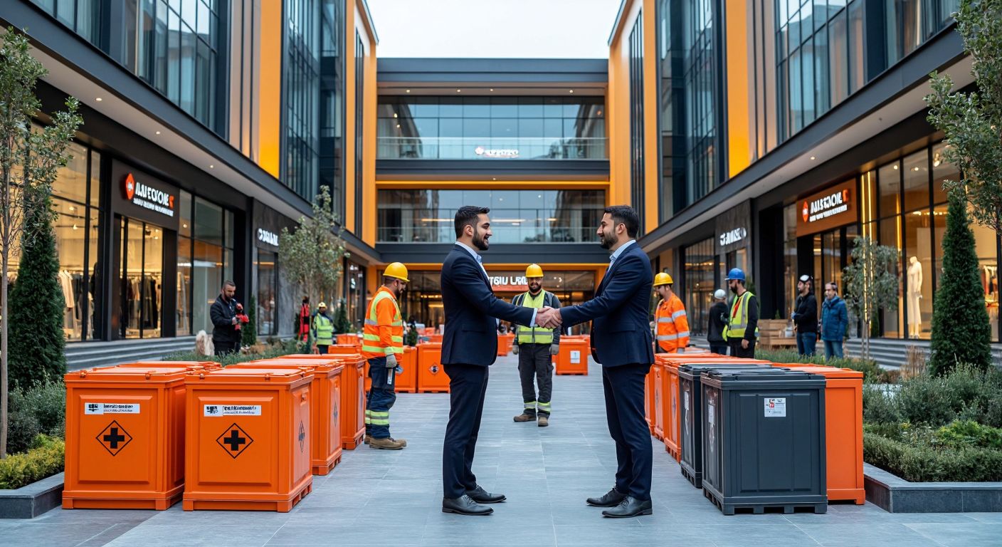 A modern shopping mall in Turkey with emergency containers placed outside, surrounded by construction workers in safety gear, while a businessman in a suit shakes hands with European bankers in the background.