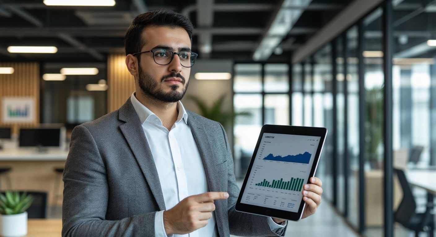 A Turkish investor in a modern office compares a single company's stock certificate (held in one hand) to a diversified portfolio chart (displayed on a tablet in the other hand), with a thoughtful expression.