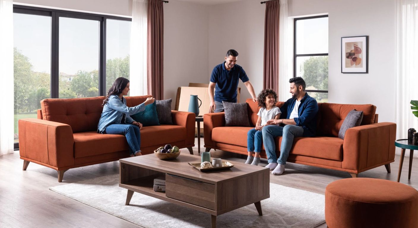 A well-lit Turkish living room with a stylish, sturdy Enza sofa and matching wooden coffee table, where a smiling family sits comfortably, while a delivery worker in the background carefully unpacks another piece of furniture.