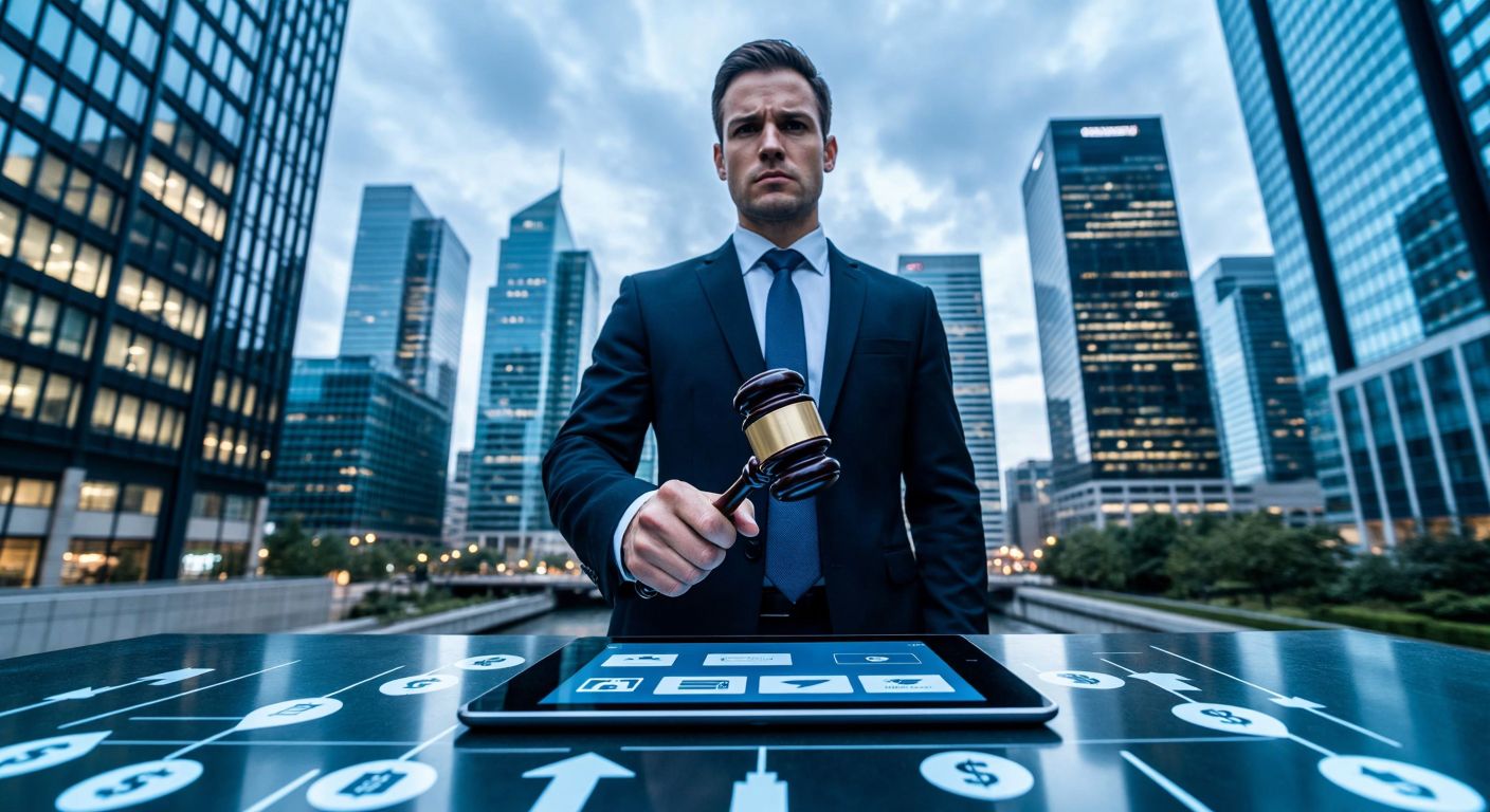 A stern, professional figure in a suit stands before a modern financial district skyline, holding a gavel, while in the foreground, a digital tablet displays multiple payment arrows flowing toward small business icons.